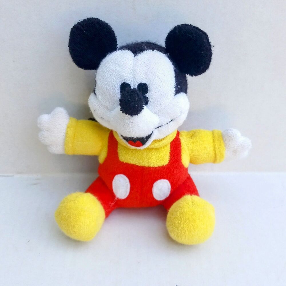 Vintage Gund Baby Mickey Terrycloth Rattle Plush-Embroidered Eyes-Disney-7 Inch